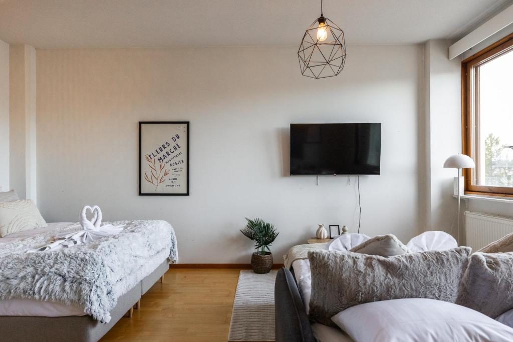 Chambre avec lit double et télévision au Rovaniemi City Center Apartment, centre de Rovaniemi