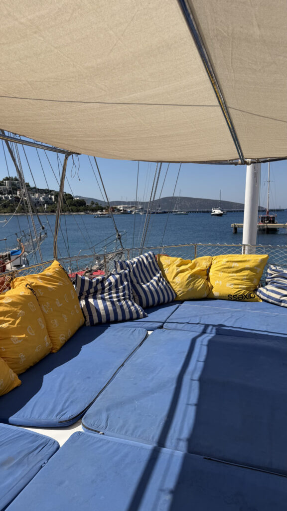 Transats et coussins à bord du bateau pour l'excursion vers l'île d'Orak, Bodrum