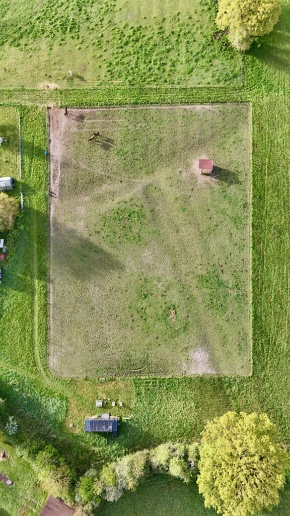 Vue aérienne de la tiny house Parcel au milieu d'une prairie