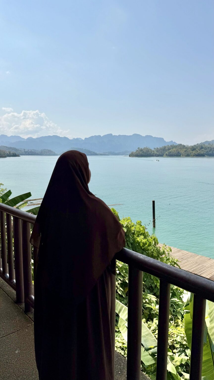 Vue sur le lac Cheow Lan depuis un balcon à Khao Sok